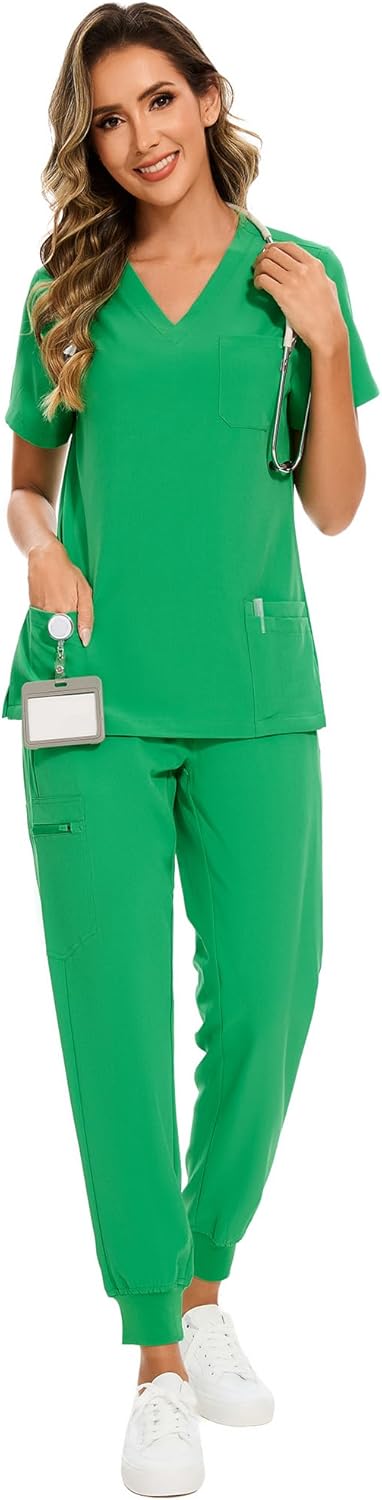 COZYFIT Scrubs for Women - Stretch V-Neck Top & Jogger Pants