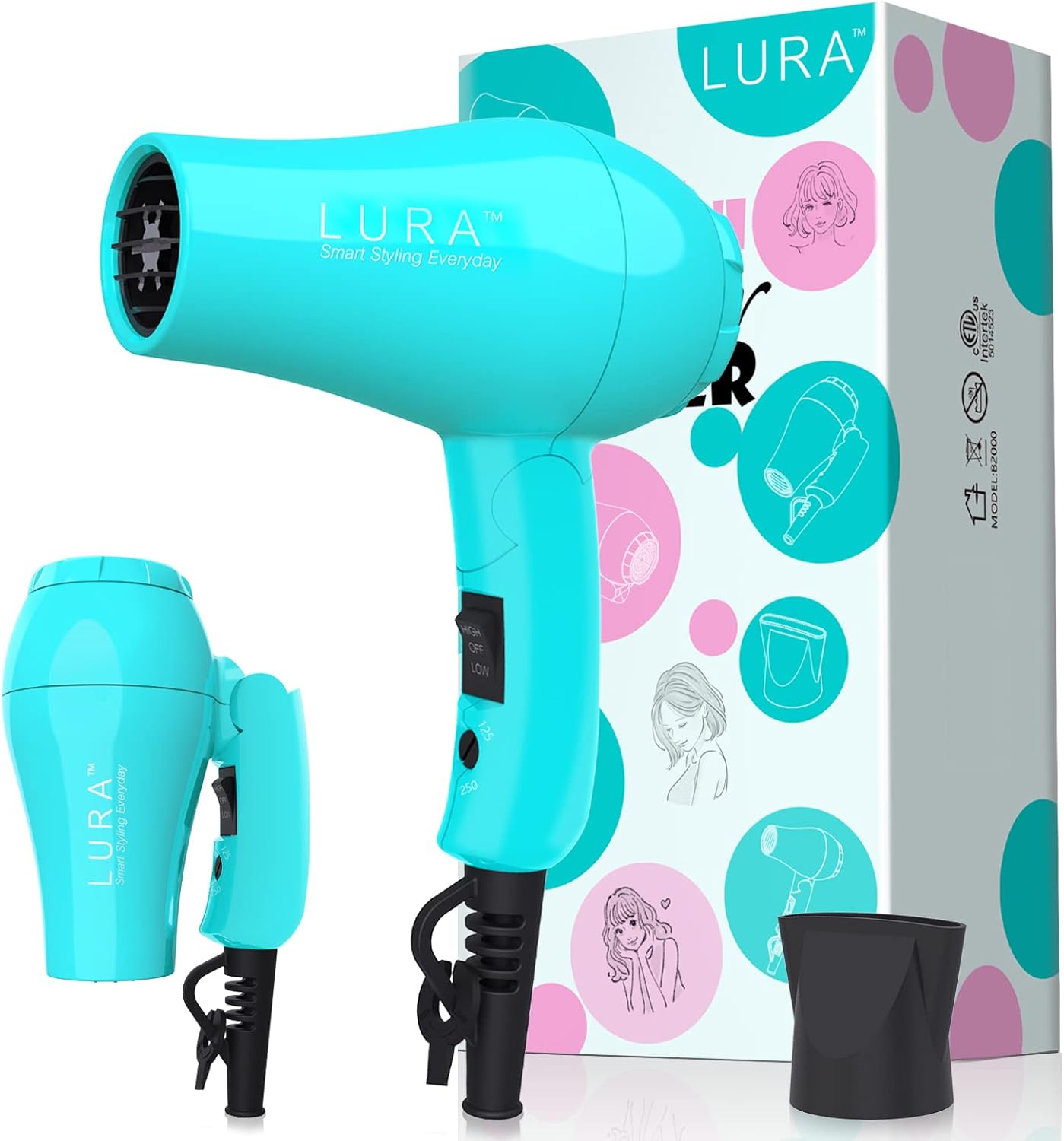 LURA Portable Dual Voltage Hair Dryer - 1200W Lightweight Blow Dryer