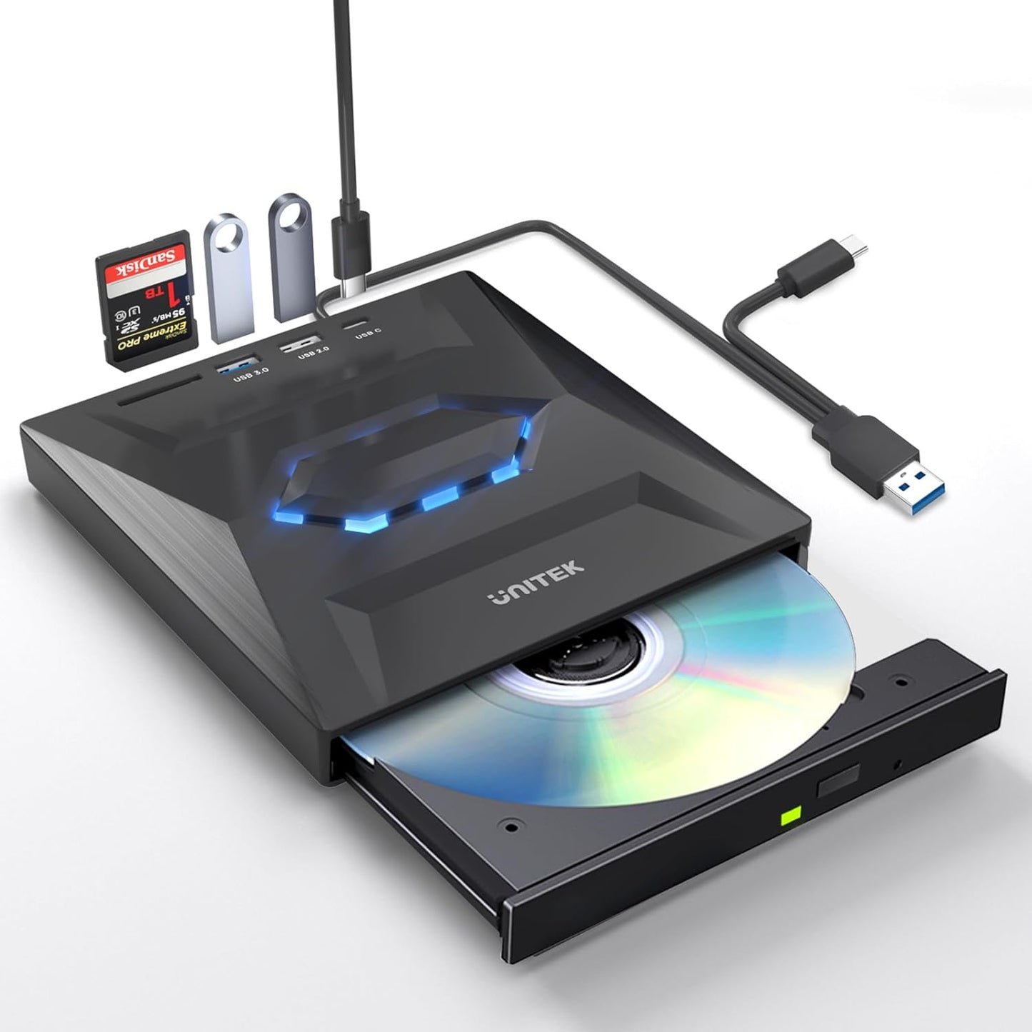 Unitek USB C External DVD Drive: Portable Burner & SD Card Reader