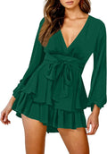 Women's Floral Deep V-Neck Romper with Waist Tie - Ruffle Hem