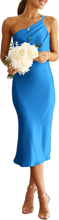 Midi Satin One Shoulder Spaghetti Strap Dress - Flattering Summer