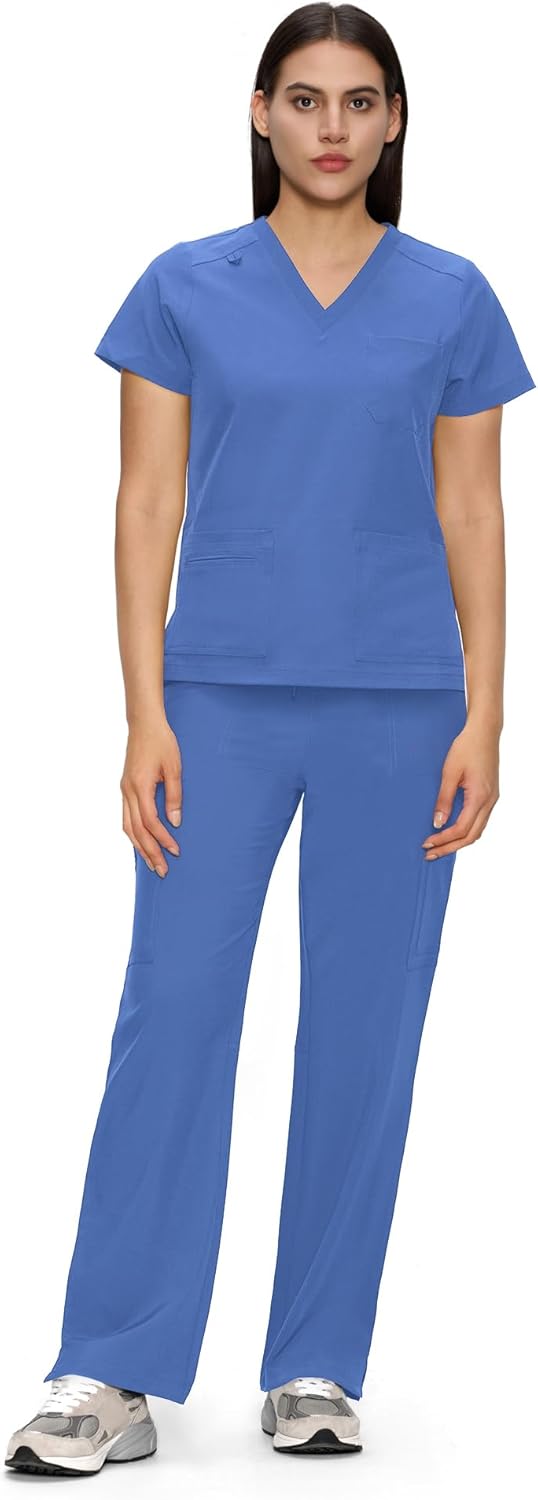 V-Neck Scrubs Top & Cargo Pants with 12 Pockets for Women