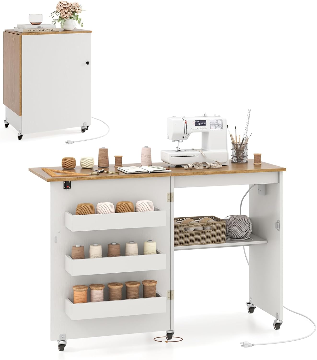 COSTWAY Sewing Machine Table with Charging Station for Home