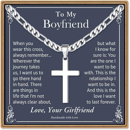 IEFLIFE Silver Figaro Chain Cross Necklace for Teen Boys Gifts