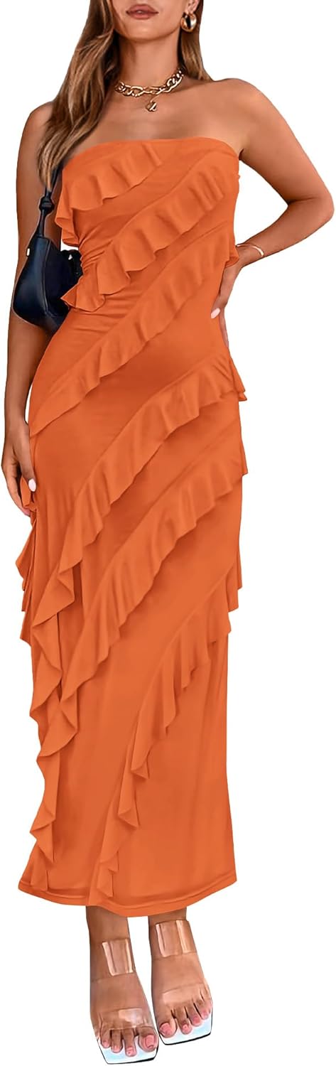 Elegant Strapless Midi Ruched Bodycon Dress for Women
