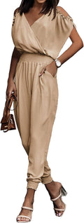 PRETTYGARDEN Wrap V Neck Cold Shoulder Jumpsuit - Casual Elegant