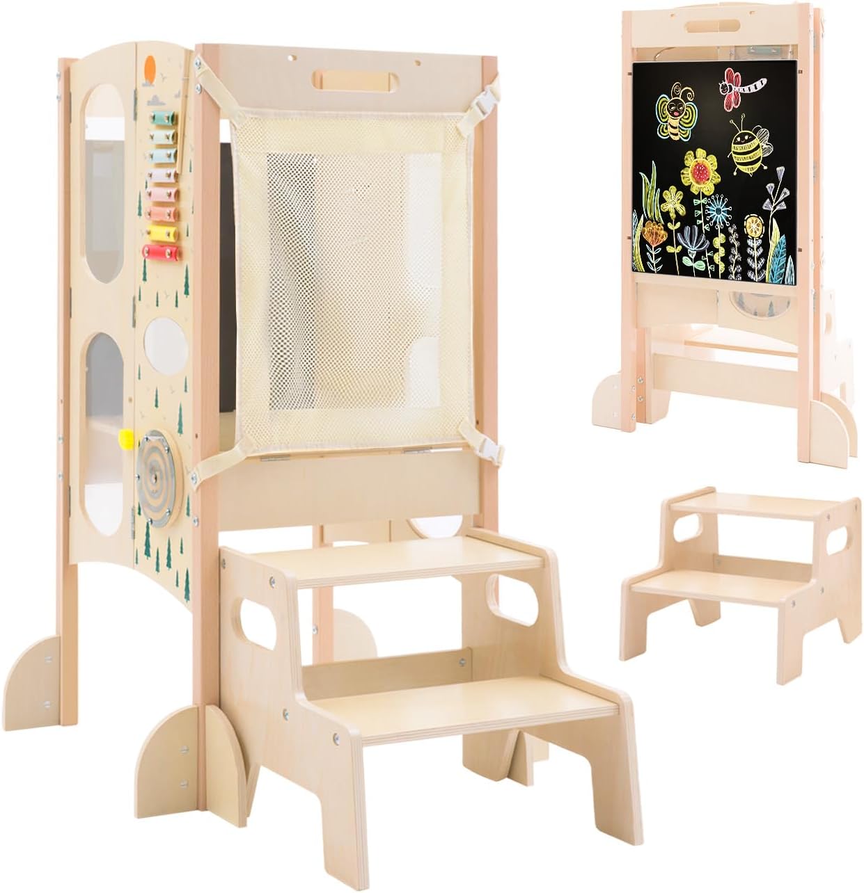 Toddler Kitchen Step Stool Tower with Safety Net & Activity Games