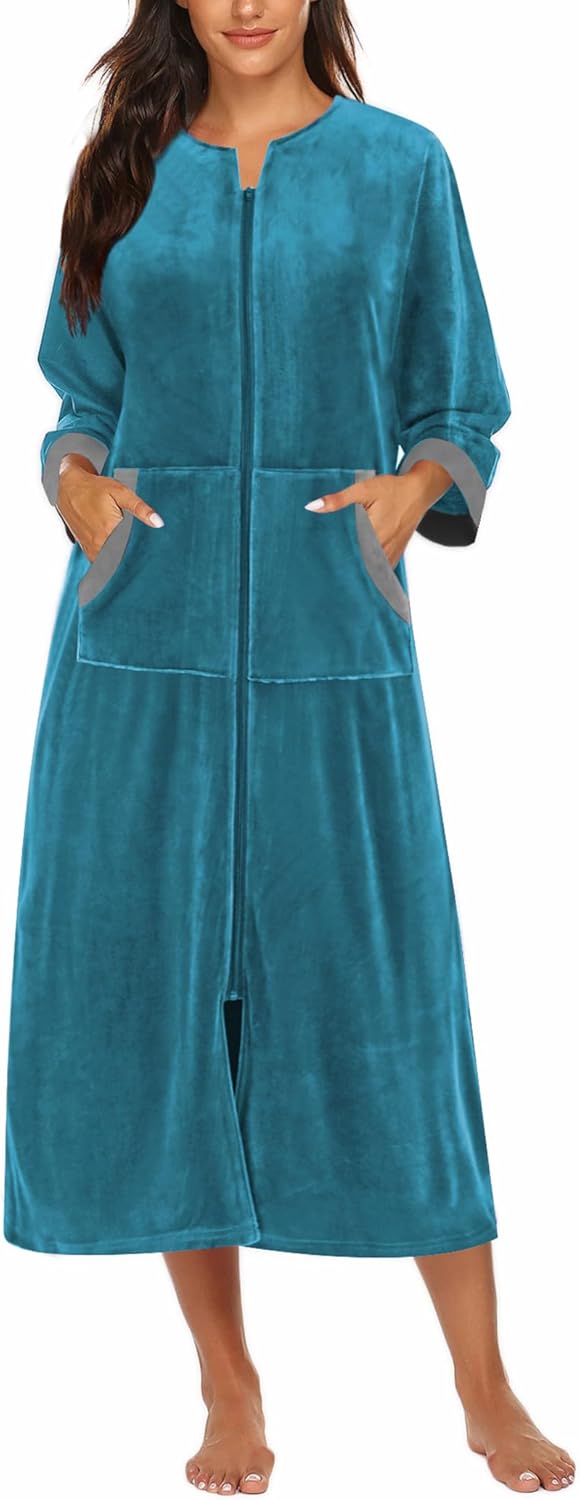 Ekouaer Velour Zipper Robe for Women with Pockets and Style