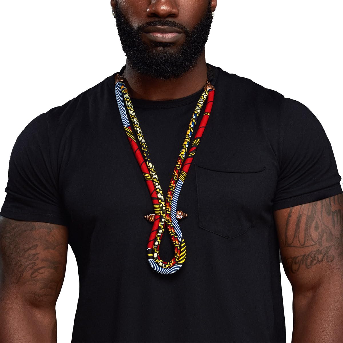 Mens African Necklace with Red Blue Beads and Adjustable Cording