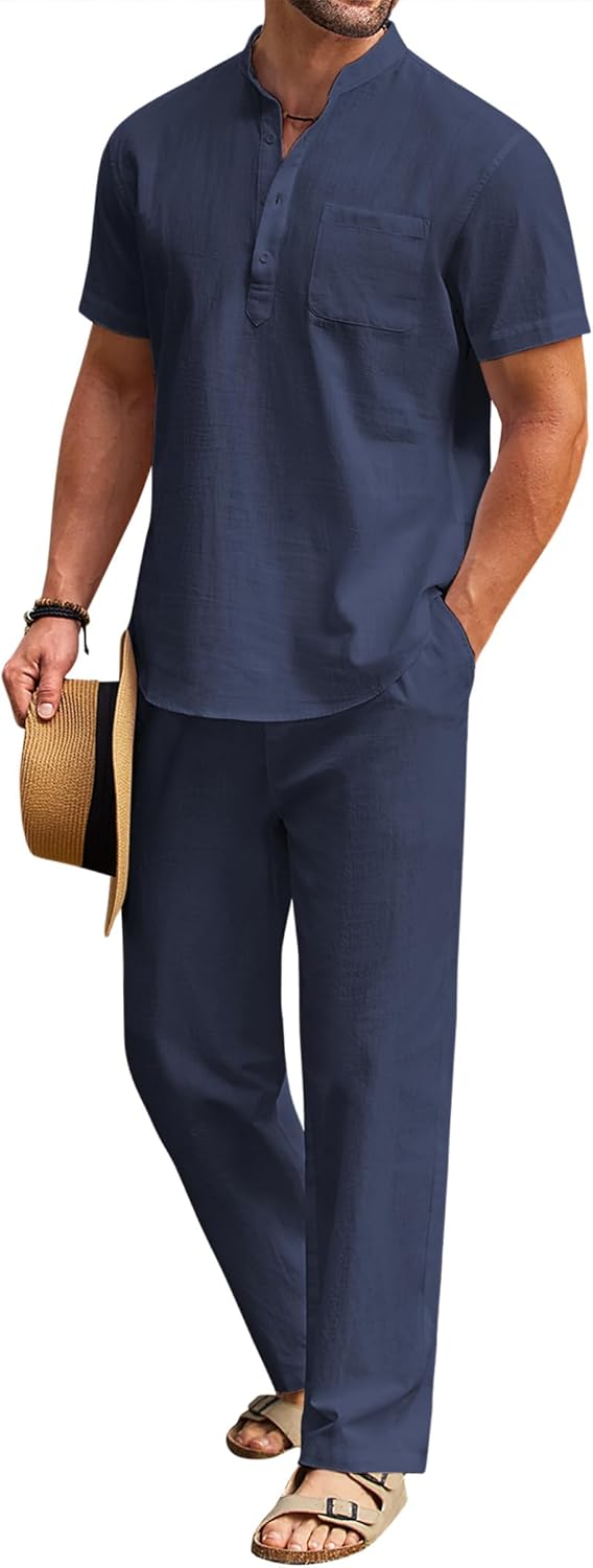 COOFANDY Men's 2 Piece Cotton Linen Set for Summer Outfits
