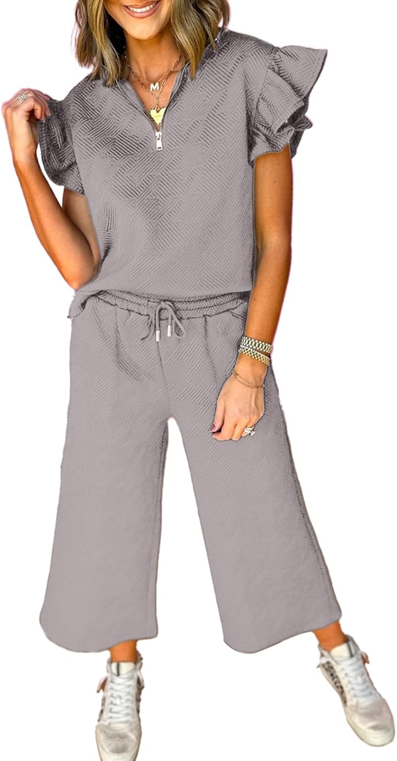 SHEWIN 2 Piece Sets Outfits for Women with Ruffle Short Sleeves