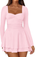 Women's Square Neck Long Sleeve Mini Dress - Ruched Corset A-Line