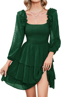 Smocked Ruffle Mini Dress Square Neck Long Sleeve - Flattering