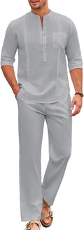 Men's 2 Piece Cotton Linen Set Cuban Henley and Pants - Vacation Ready