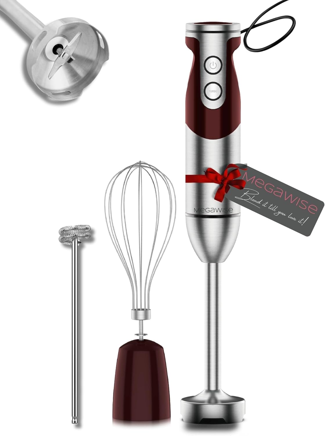 MEGAWISE 3-in-1 Hand Blender: Powerful Motor, Stainless Steel Stick, 4 Blades