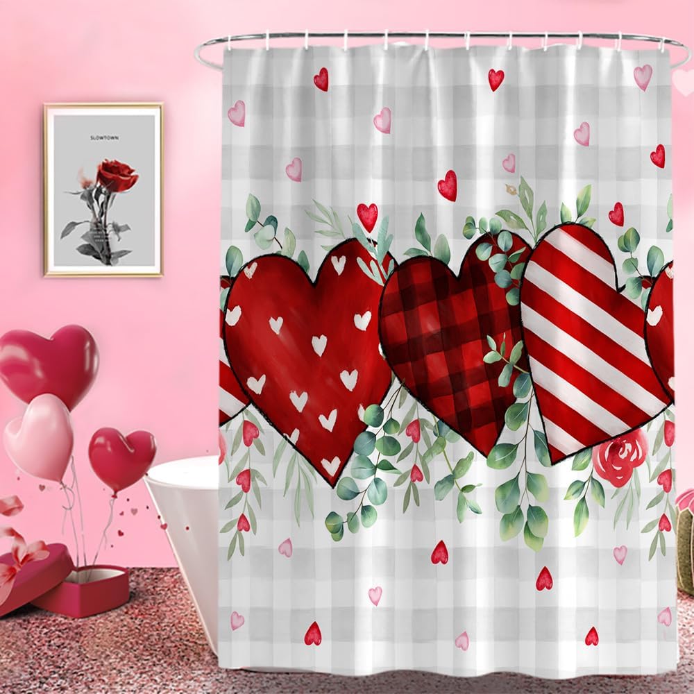 Romantic Heart Shower Curtain Set 72x84 - Waterproof & Washable