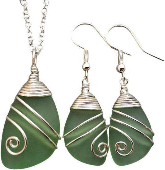 Handmade Sea Glass Necklace and Earrings Set for Women Gifts