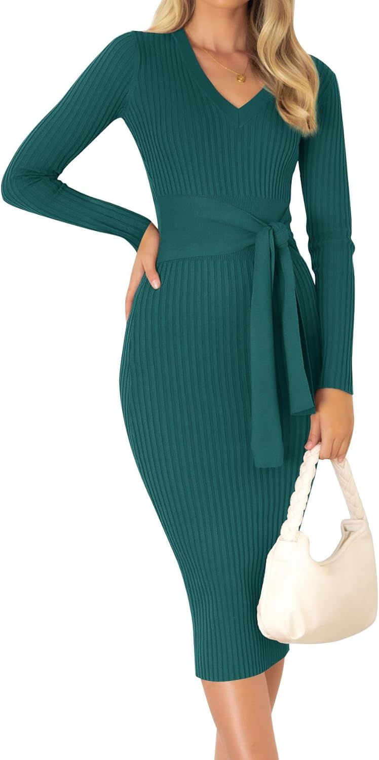 ZESICA Women's V Neck Long Sleeve Ribbed Knit Midi Dress