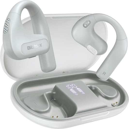 BlitzMax Open Ear Earbuds: Enhanced Bass, 60H Playtime, Waterproof - Grey