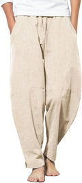 Men's Linen Harem Drawstring Pants - Lightweight Casual Yoga Trousers