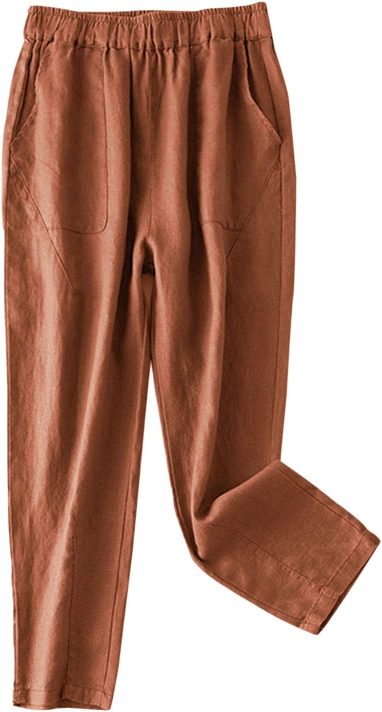 IXIMO Women's 100% Linen Capris with Elastic Waist and Pockets
