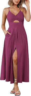 Summer Spaghetti Strap Midi Dress with Cutout and Pockets (Style F1ZV)