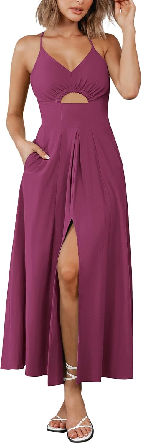 BTFBM Women Summer Spaghetti Strap Midi Dress with Pockets