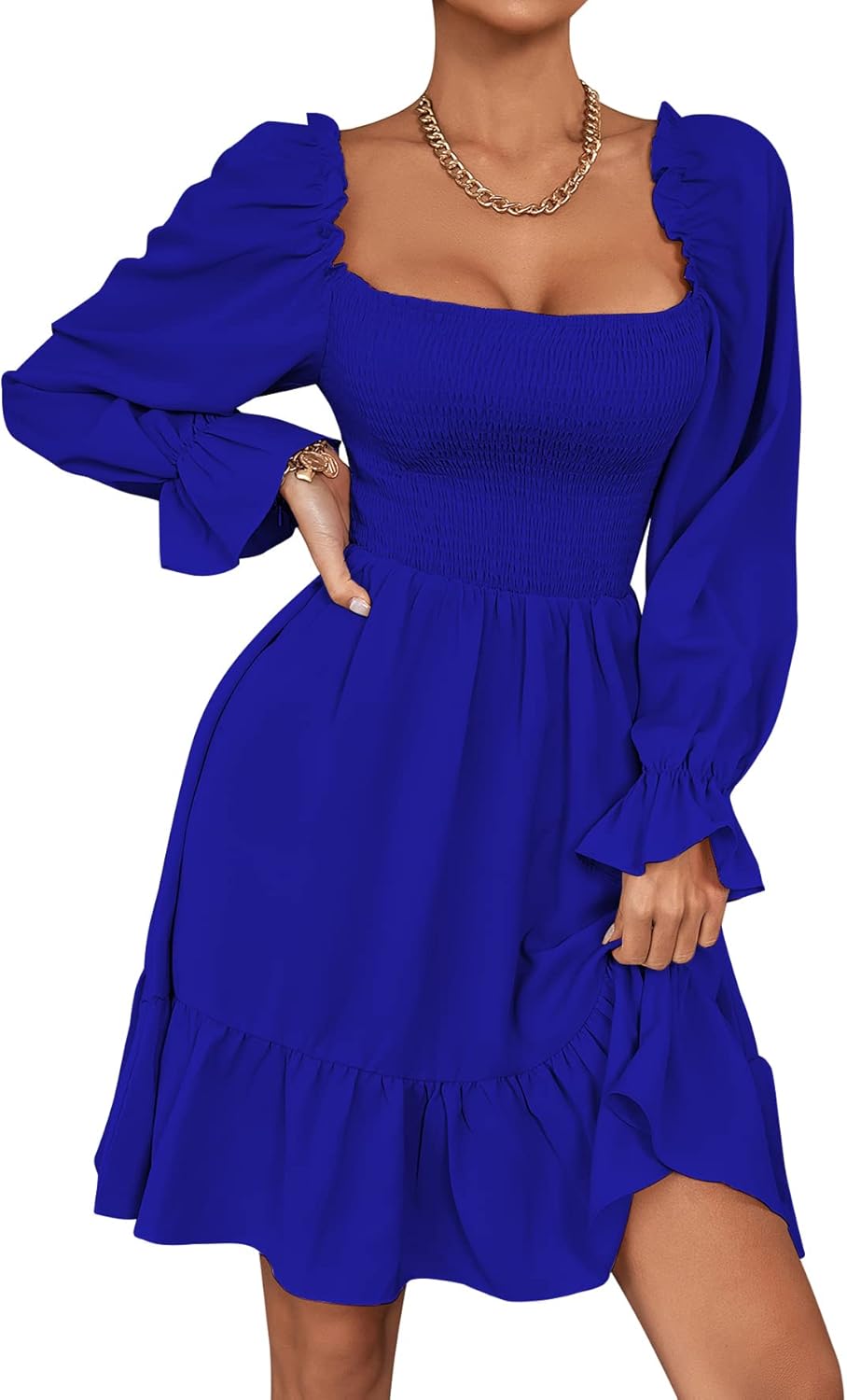 LYANER Women's Square Neck Lantern Long Sleeve Mini Dress