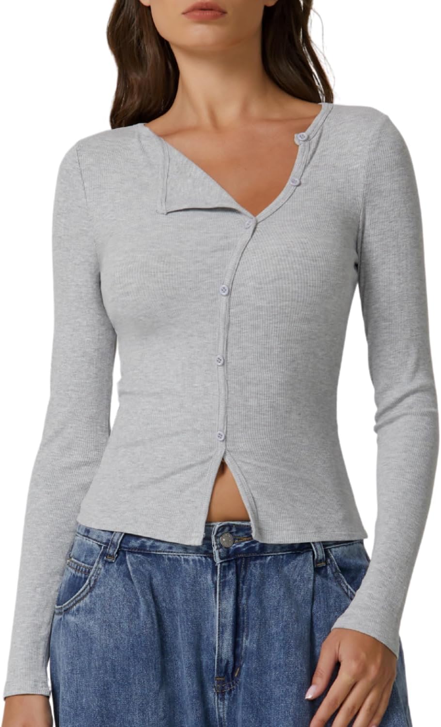 QINSEN Women's Long Sleeve Ribbed Crewneck Button Top for Outings