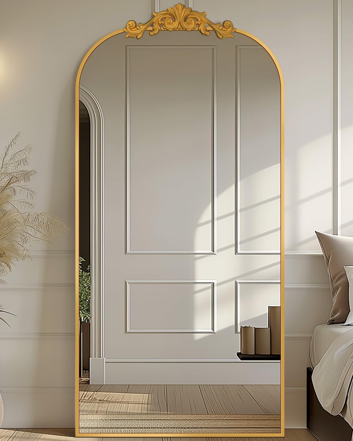 Arched Full Length Mirror with Carved Metal Frame for Home Decor