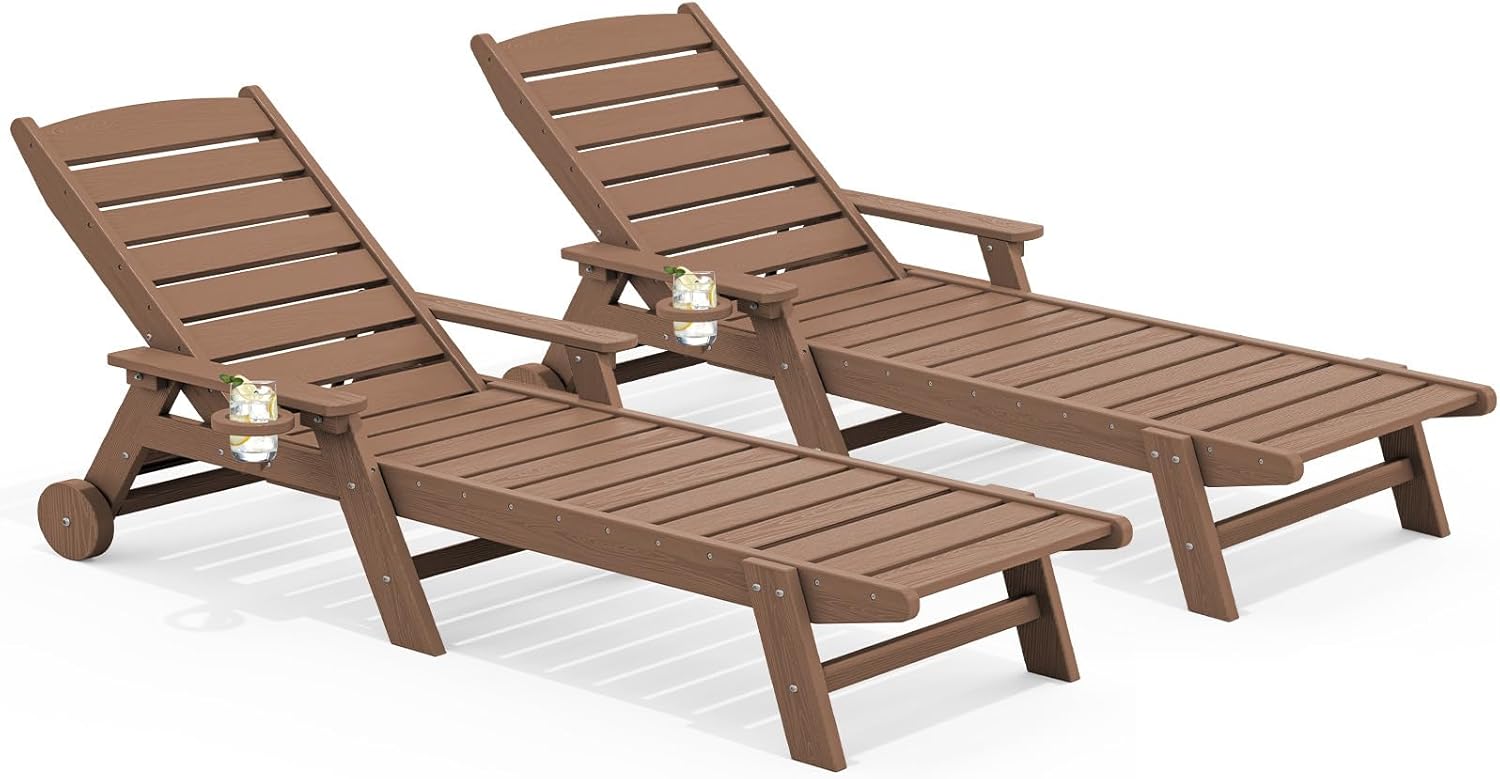 Adjustable Outdoor Lounge Chair Set of 2 with Wheels & Cup Holder