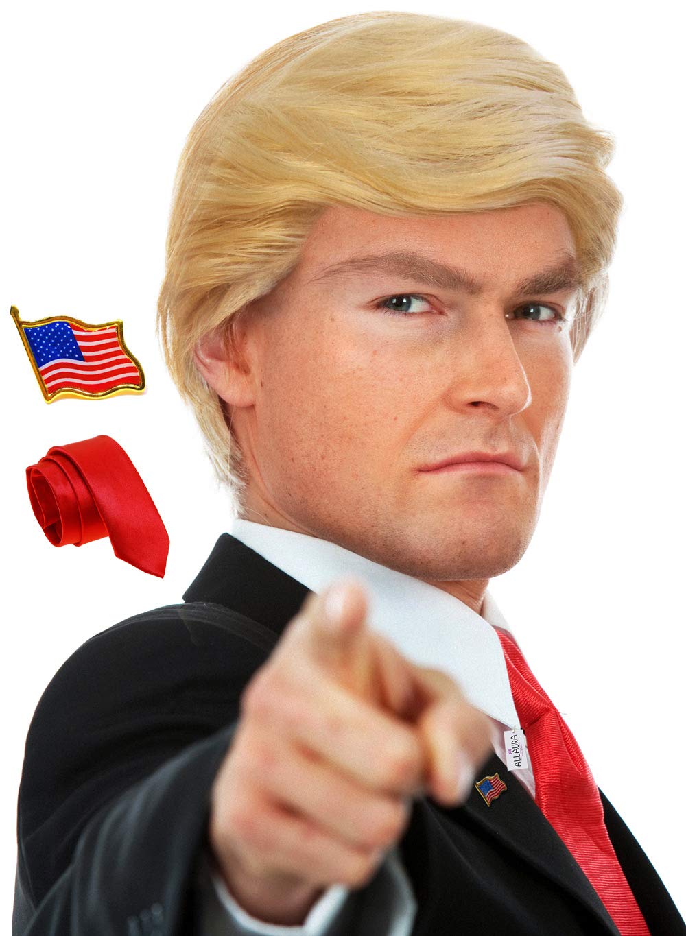 3pc Donald Costume Kit with Blonde Wig, Red Tie, Flag Pin
