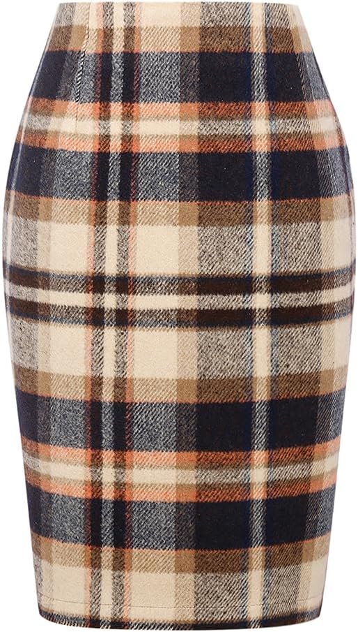 Womens Wool Plaid Pencil Skirt High Waisted Bodycon Midi Skirt