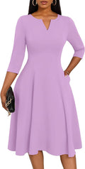 Nmoder Midi Dress A-Line Fit and Flare 3/4 Sleeve V-Neck - Flattering