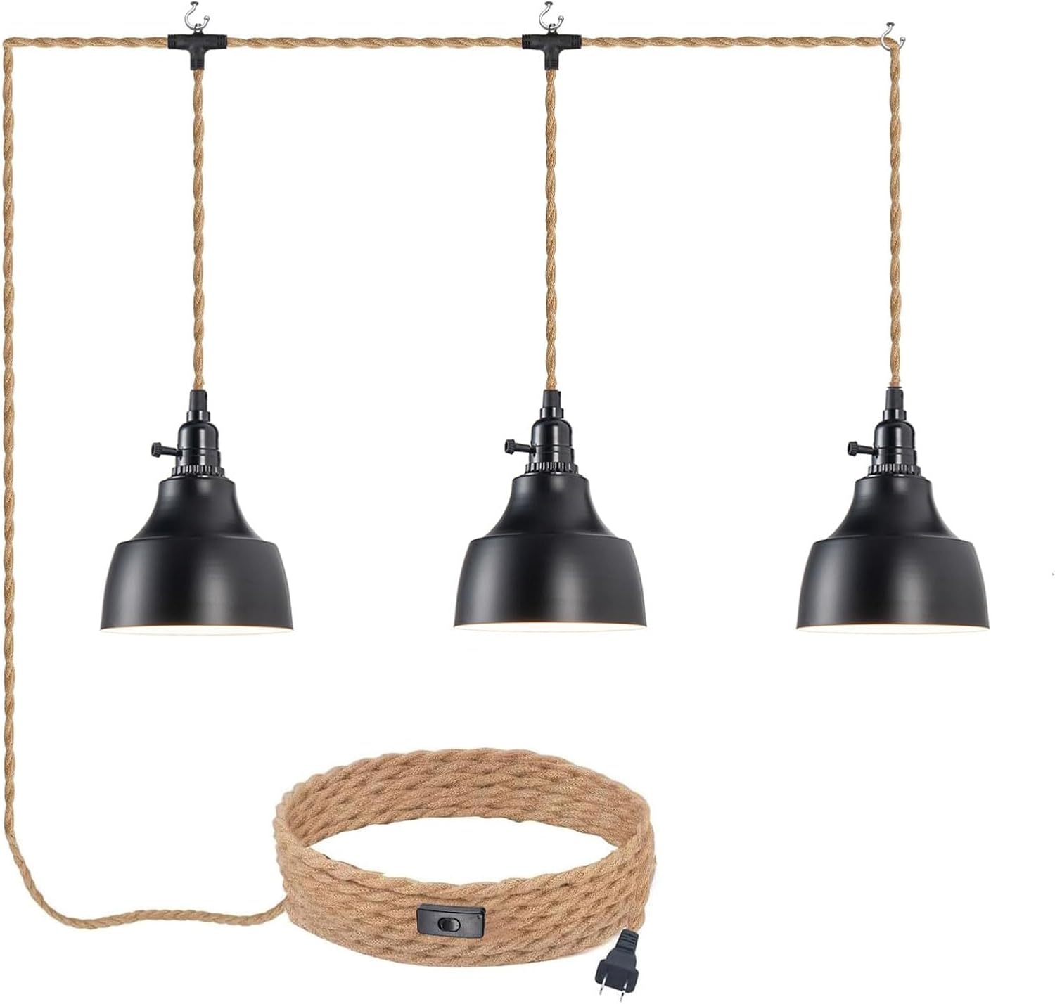 3 Light Plug in Pendant Light with Twisted Hemp Rope Design