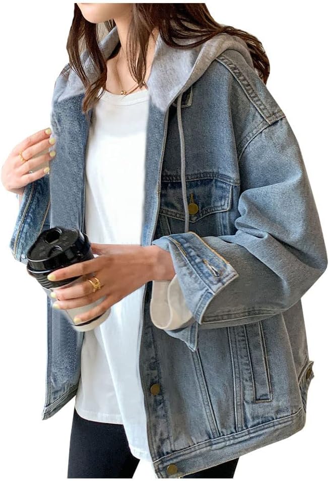 LifeShe Women's Oversized Distressed Denim Jacket with Hood