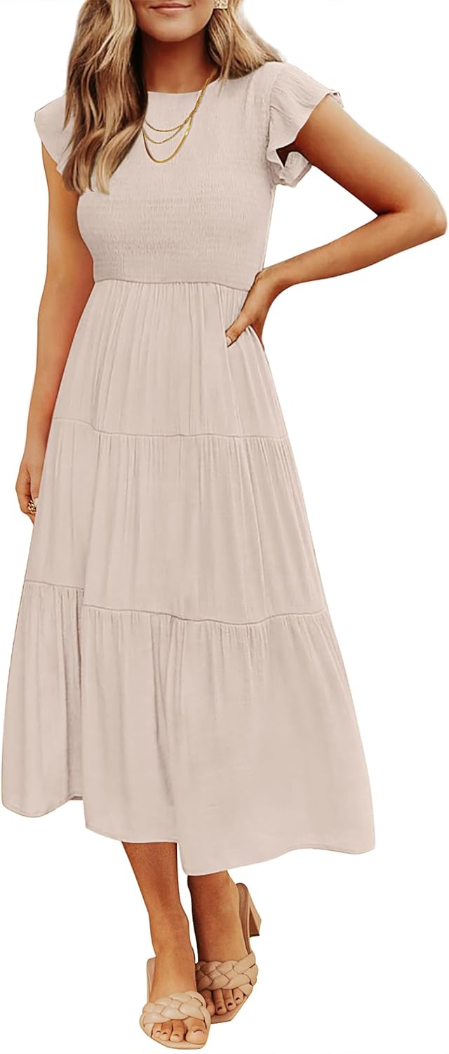 ZESICA Women's Casual Flutter Sleeve Midi Dress for Summer Fun
