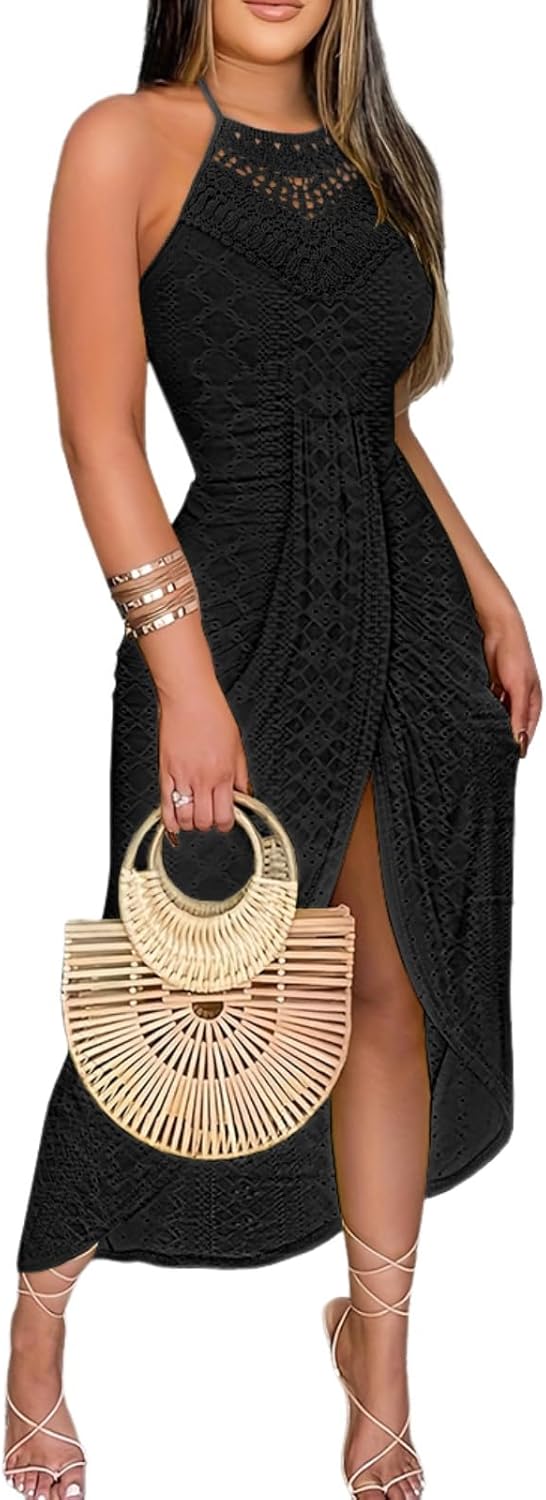 Chicme Womens Summer Halter Dress with Eyelet Embroidery