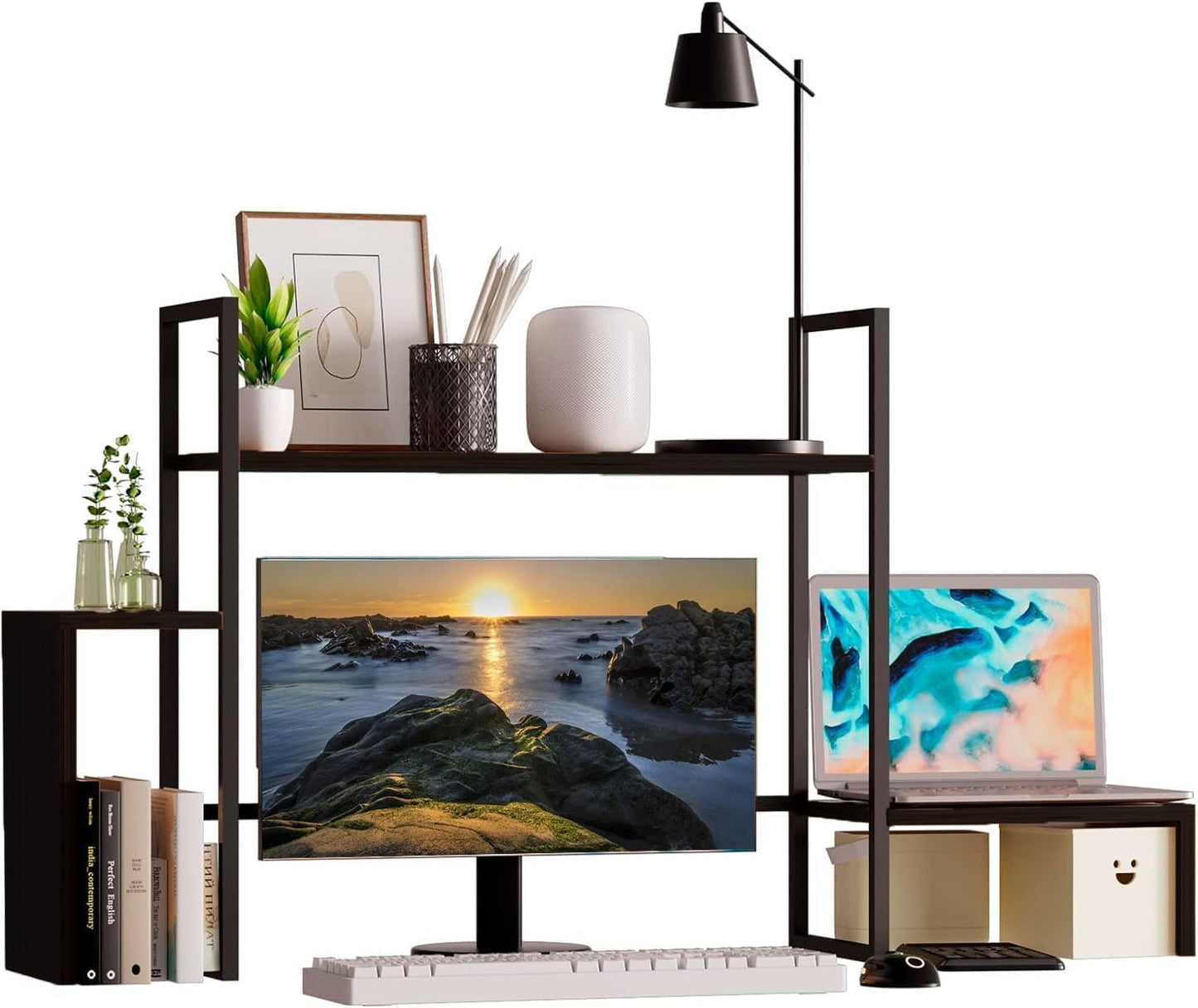 Enhance Workspace: 2-Tier Shelf with RGB Light - Desk Organizer - Black