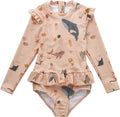 Girls One Piece Zipper Rash Guard Swimsuit UPF50+ - Ruffle Hem