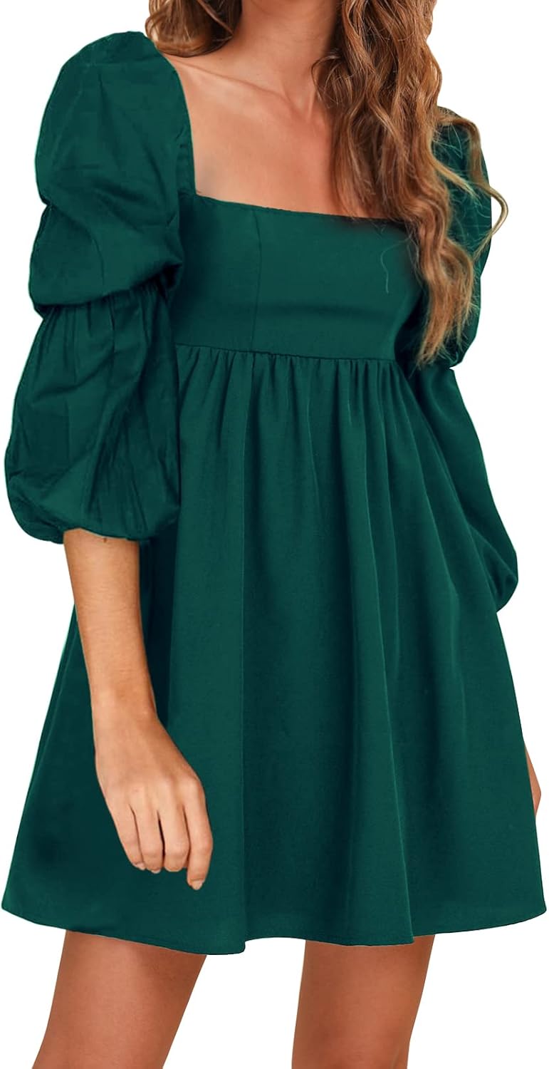EXLURA Womens Square Neck Dress with Puff Sleeves for Casual Wear