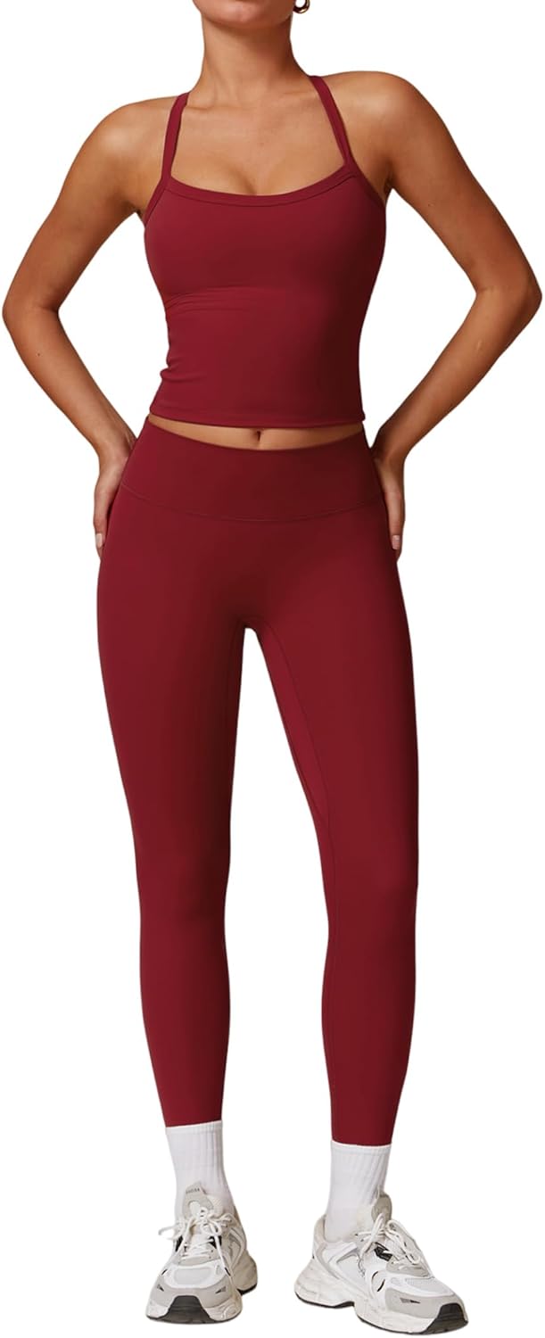 Womens Workout Sets Two Piece Cross Back Tank Top Leggings