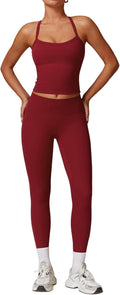 Womens Cross Back Tank & High Waist Leggings Set - Stretchy 2-Piece