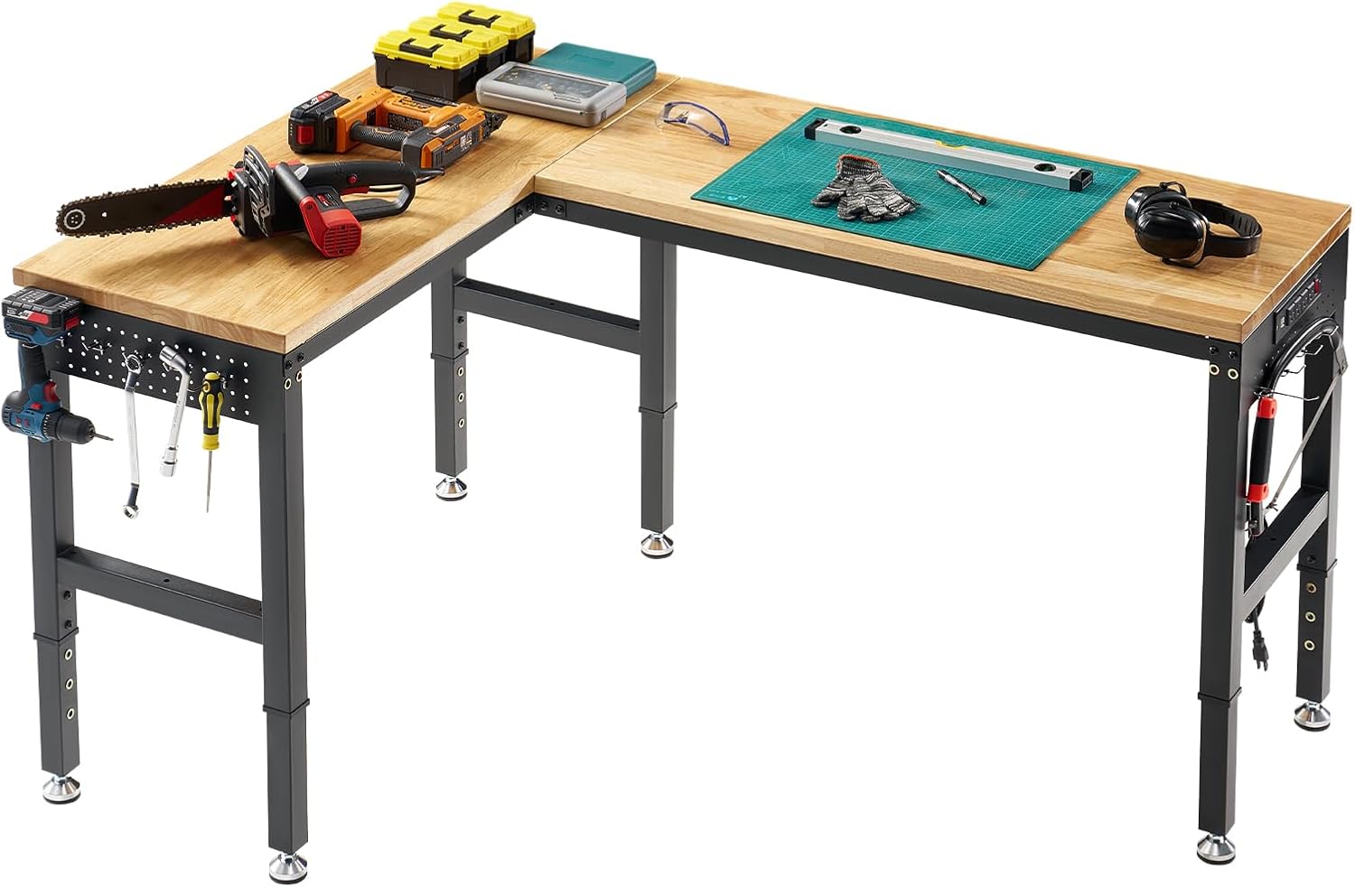 SPECRAFT L-Shaped Workbench with Power Strip and Pegboard