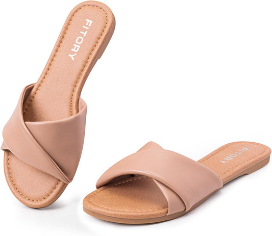 FITORY Women's Flat Sandals Fashion Slides for Summer Comfort