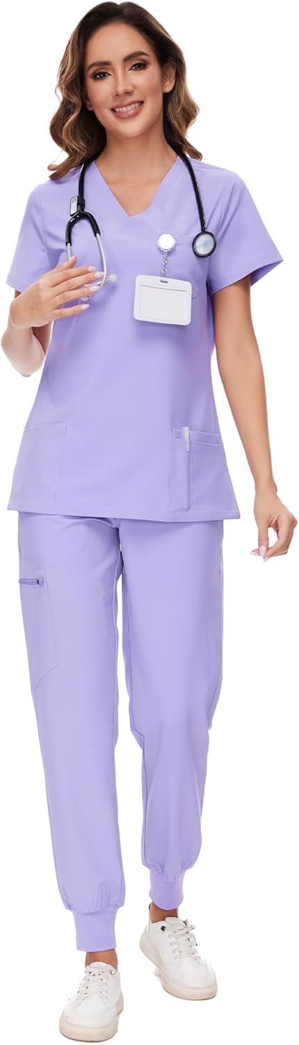 COZYFIT Scrubs for Women - Stretch V-Neck Top & Jogger Pants