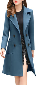 Women Notch Collar Double Breasted Wool Blend Overcoat - Midi Length