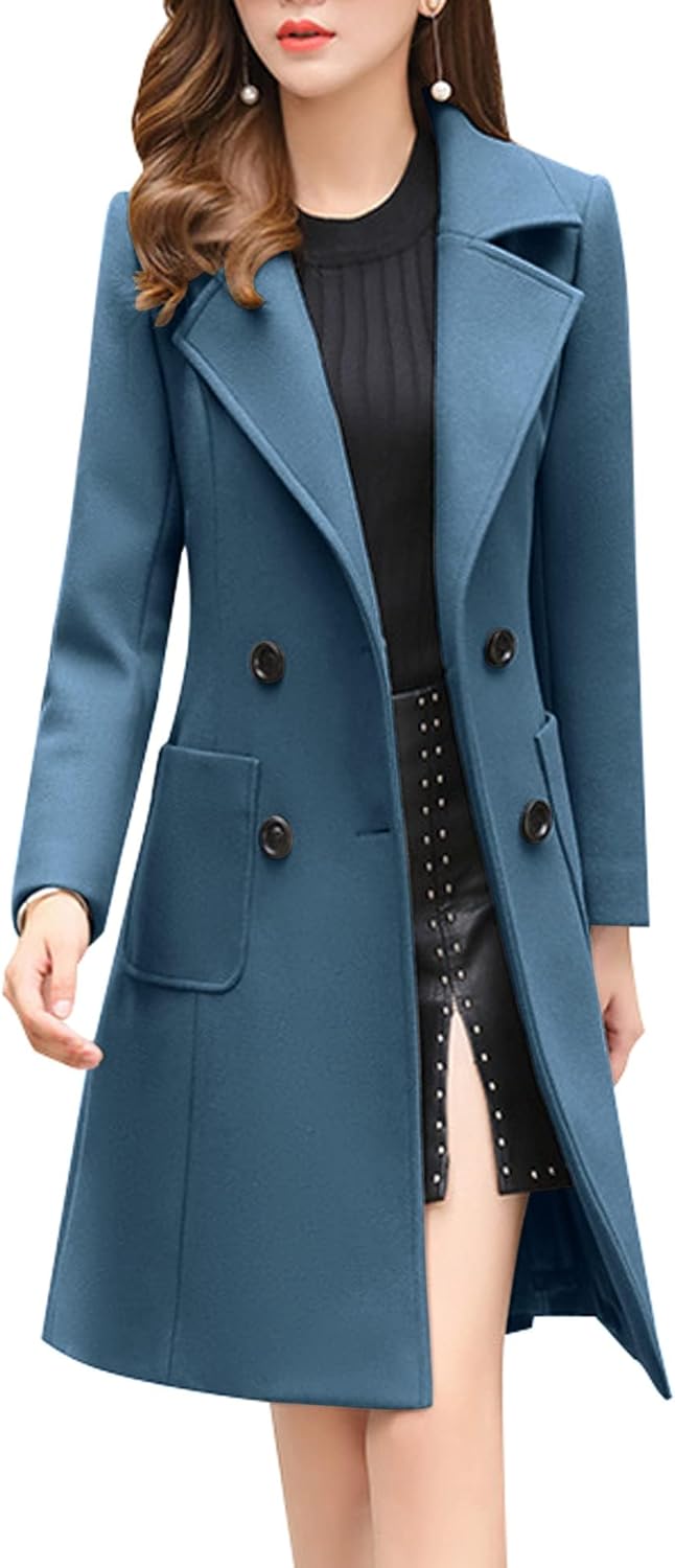 Elegant Notched Collar Double Breasted Wool Blend Over Coat