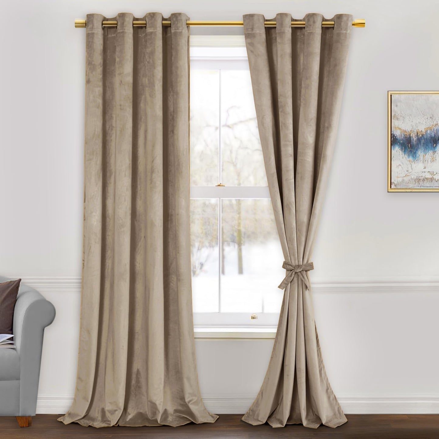 JIUZHEN Taupe Velvet Curtains - Thermal Insulated Room Darkening