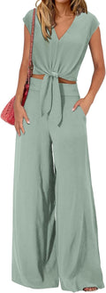 Women's Summer 2 Piece Outfits V Neck Crop Top & Wide Leg Pant Set